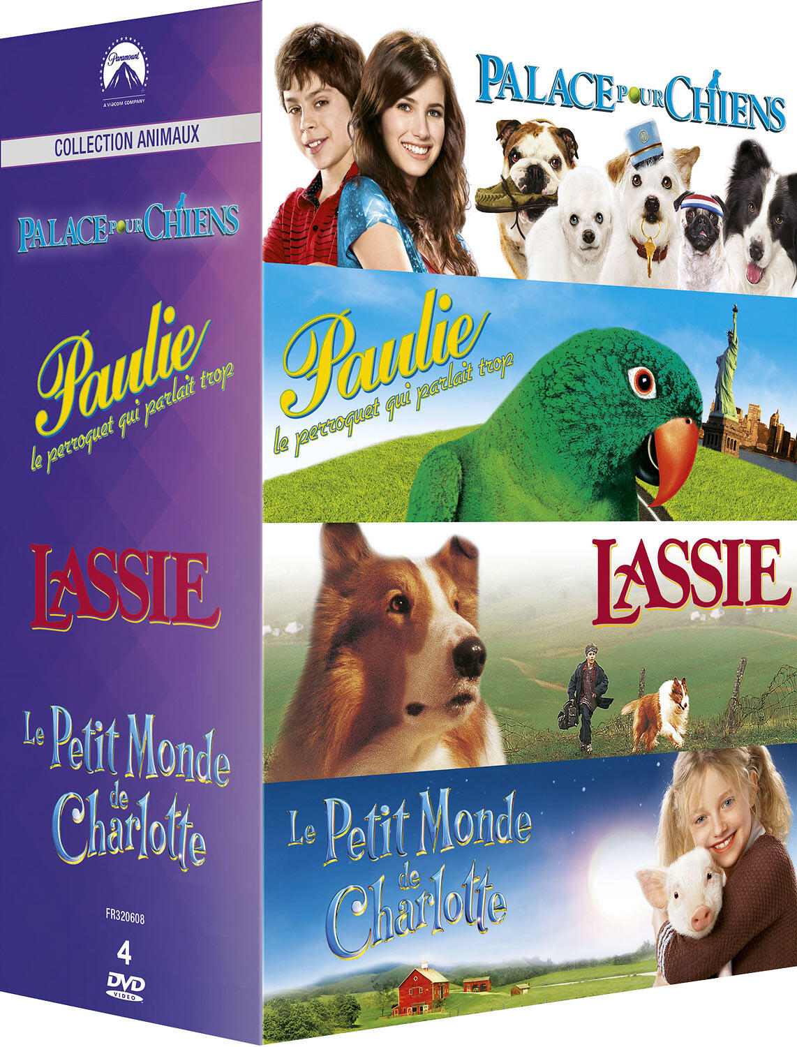 Couverture de : Paramount Collection Animaux : Palace pour chiens + Paulie le perroquet qui parlait trop + Lassie + Le petit monde de Charlotte